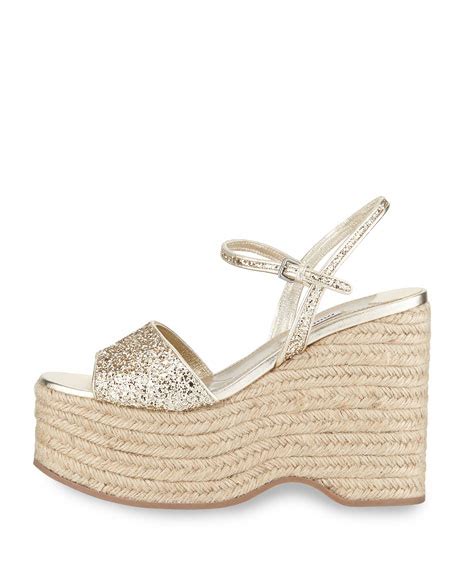 Miu Miu Glitter Platform Espadrille Wedge Sandal, Pirite